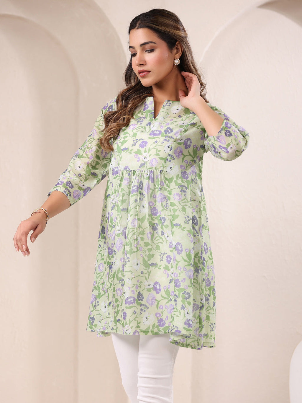 Green Pure Silk Blend Floral Printed A-Line Tunic