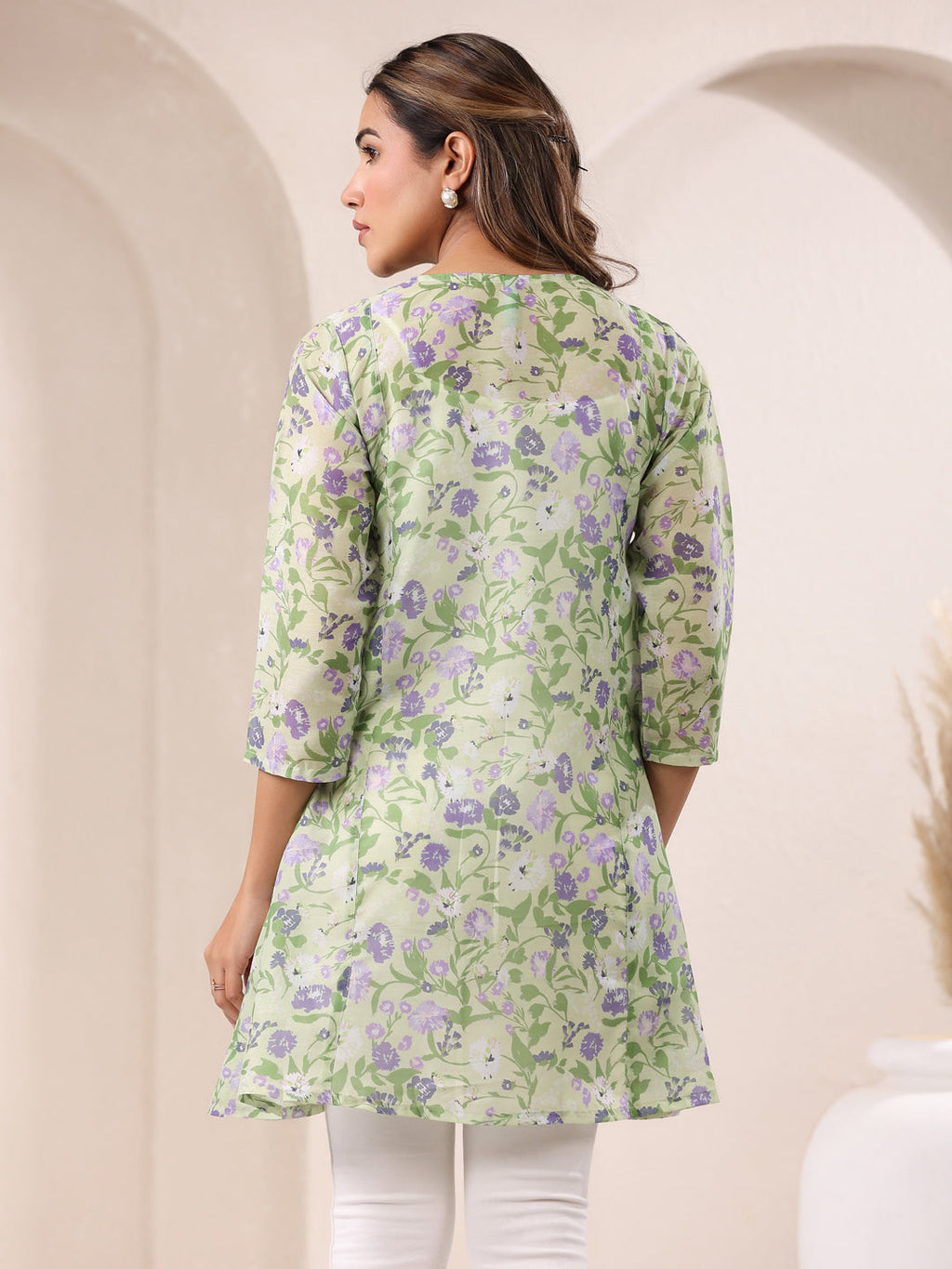 Green Pure Silk Blend Floral Printed A-Line Tunic