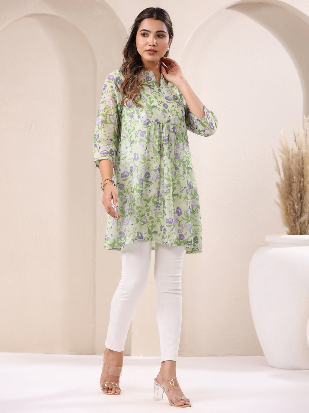 Green Pure Silk Blend Floral Printed A-Line Tunic