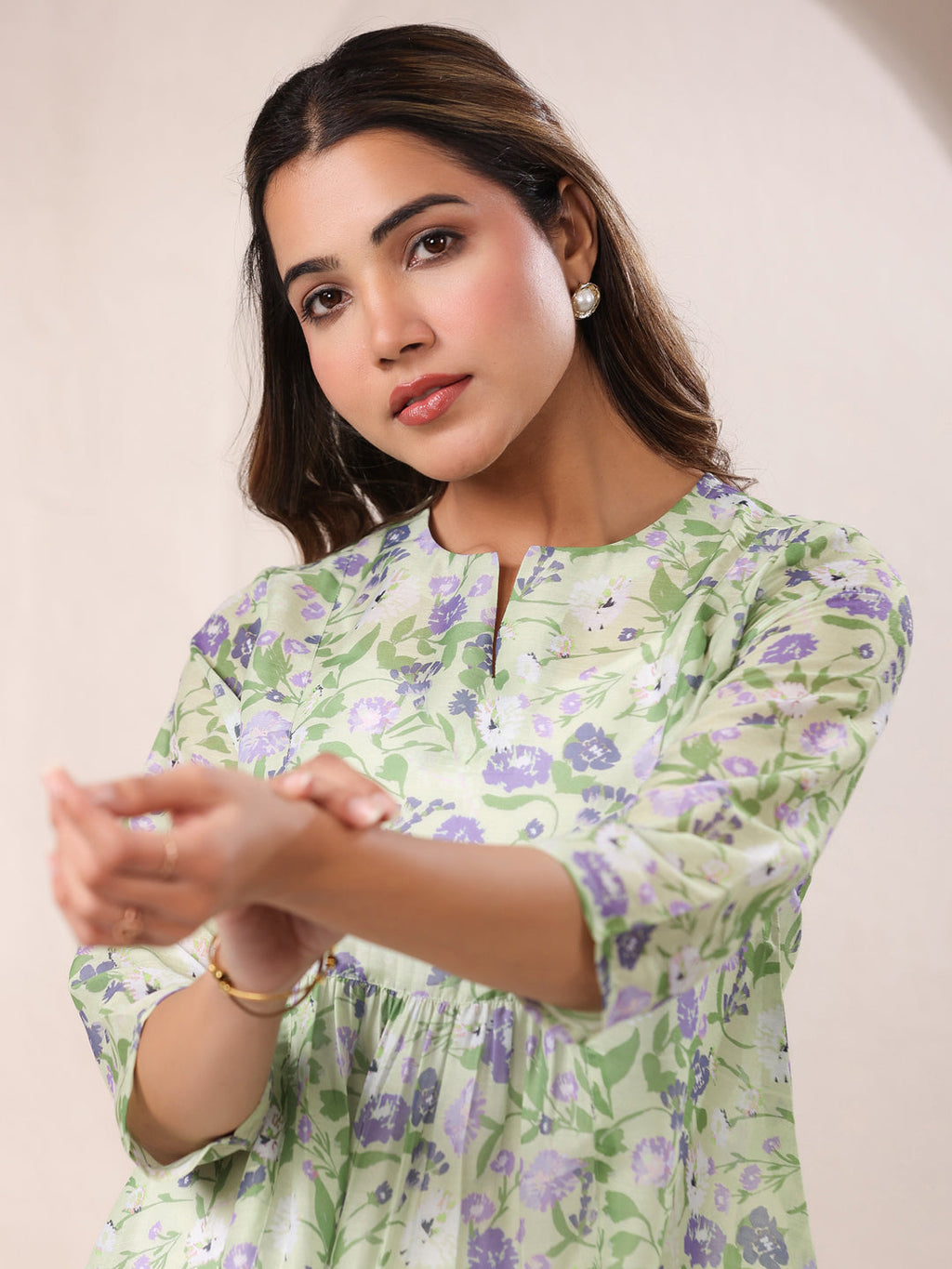 Green Pure Silk Blend Floral Printed A-Line Tunic