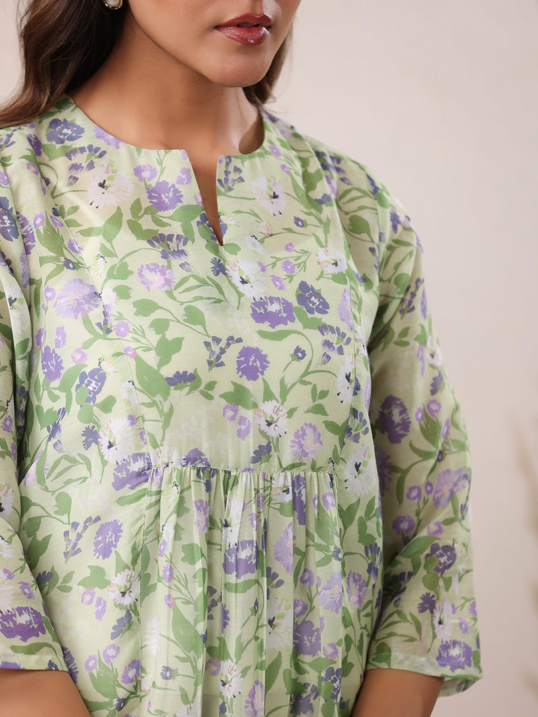 Green Pure Silk Blend Floral Printed A-Line Tunic