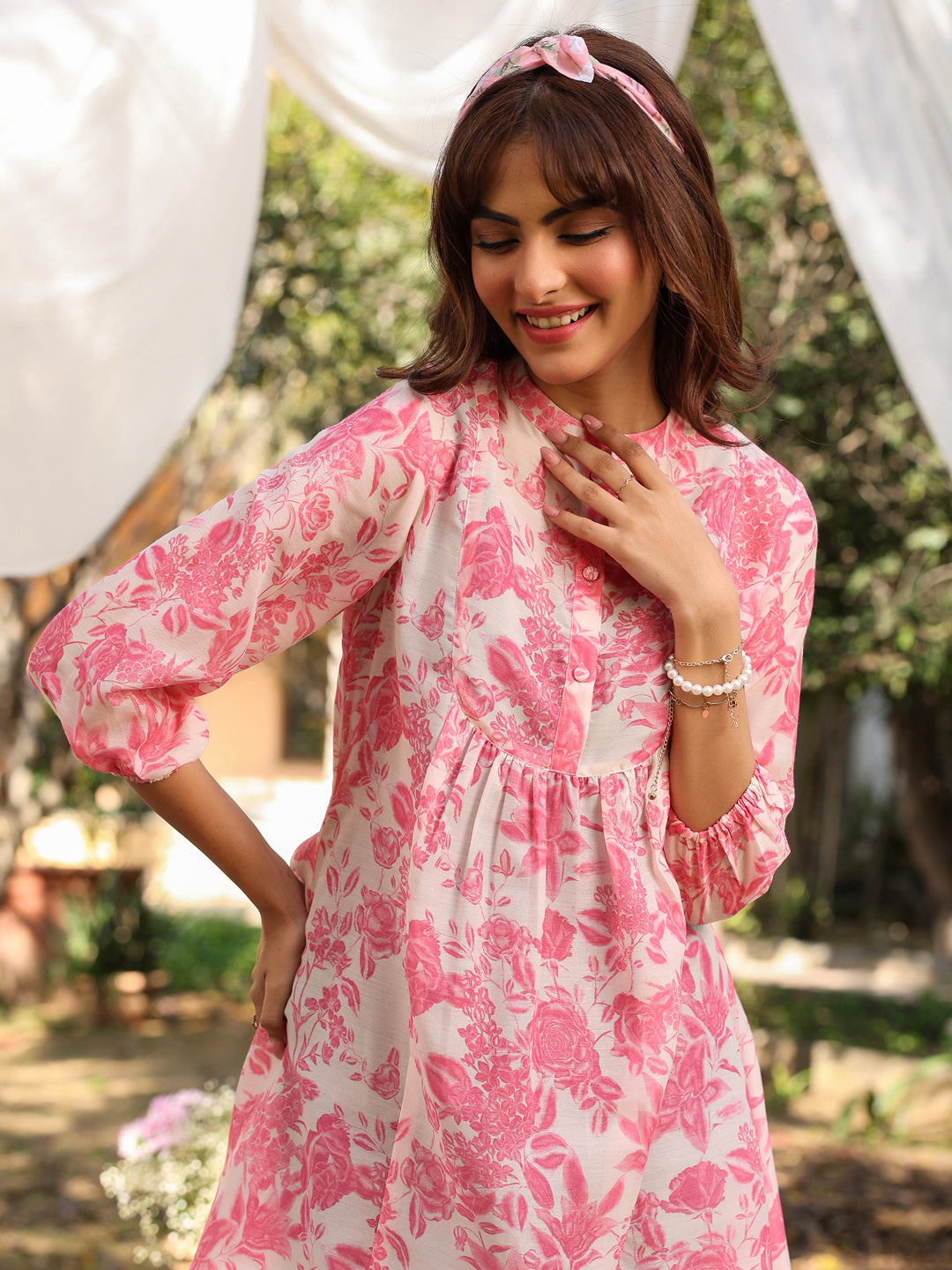 Cream Silk Blend Floral Printed A-line Tunic