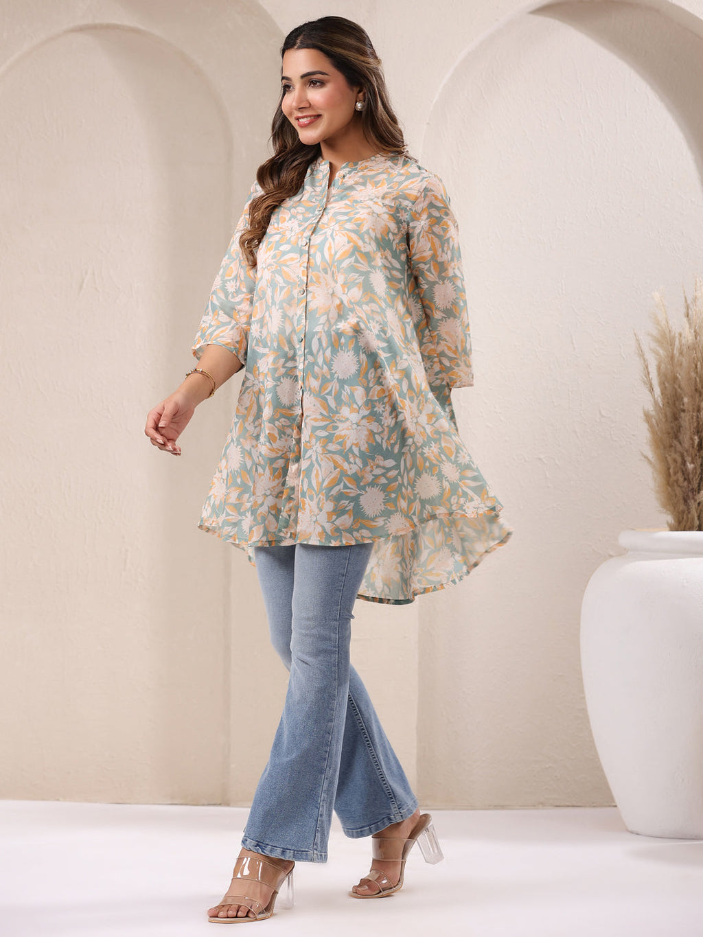 Sage Green Silk Blend Floral Printed A-line Tunic