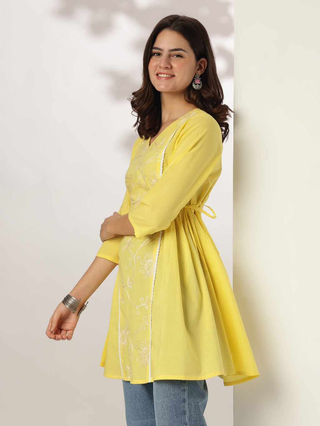 Janasya Women's Yellow Pure Cotton Embroidered A-line Tunic