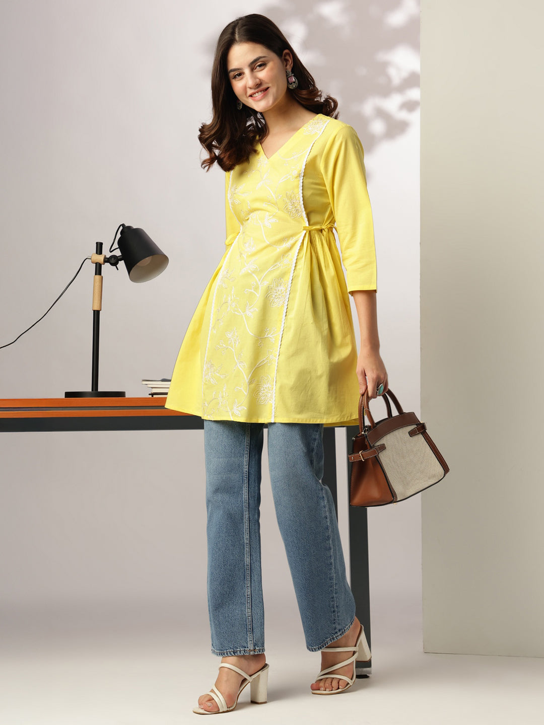 Janasya Women's Yellow Pure Cotton Embroidered A-line Tunic