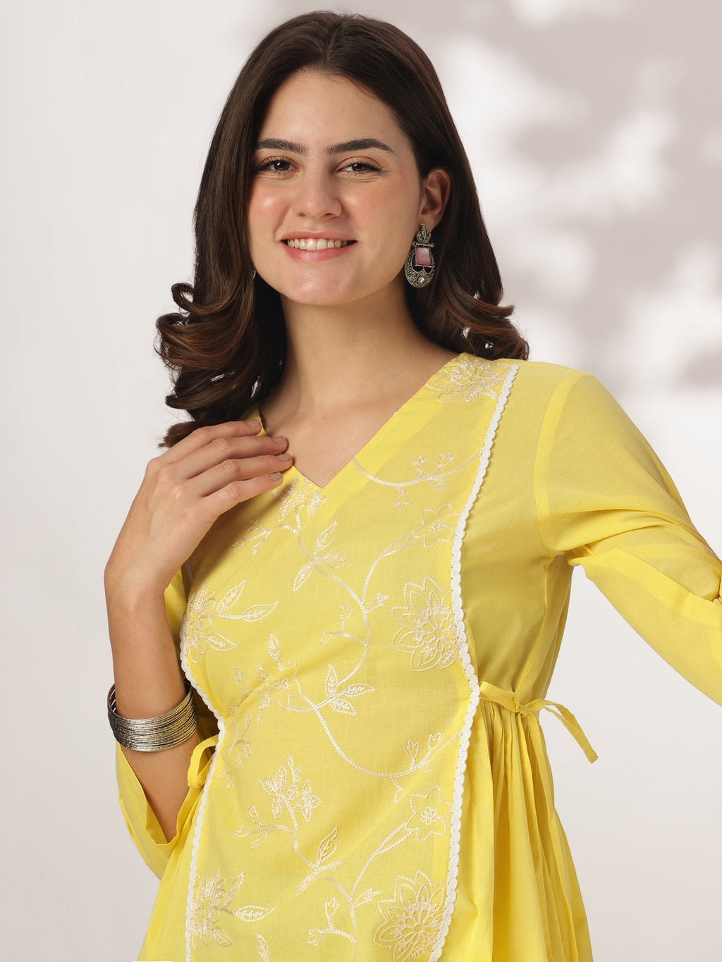 Janasya Women's Yellow Pure Cotton Embroidered A-line Tunic