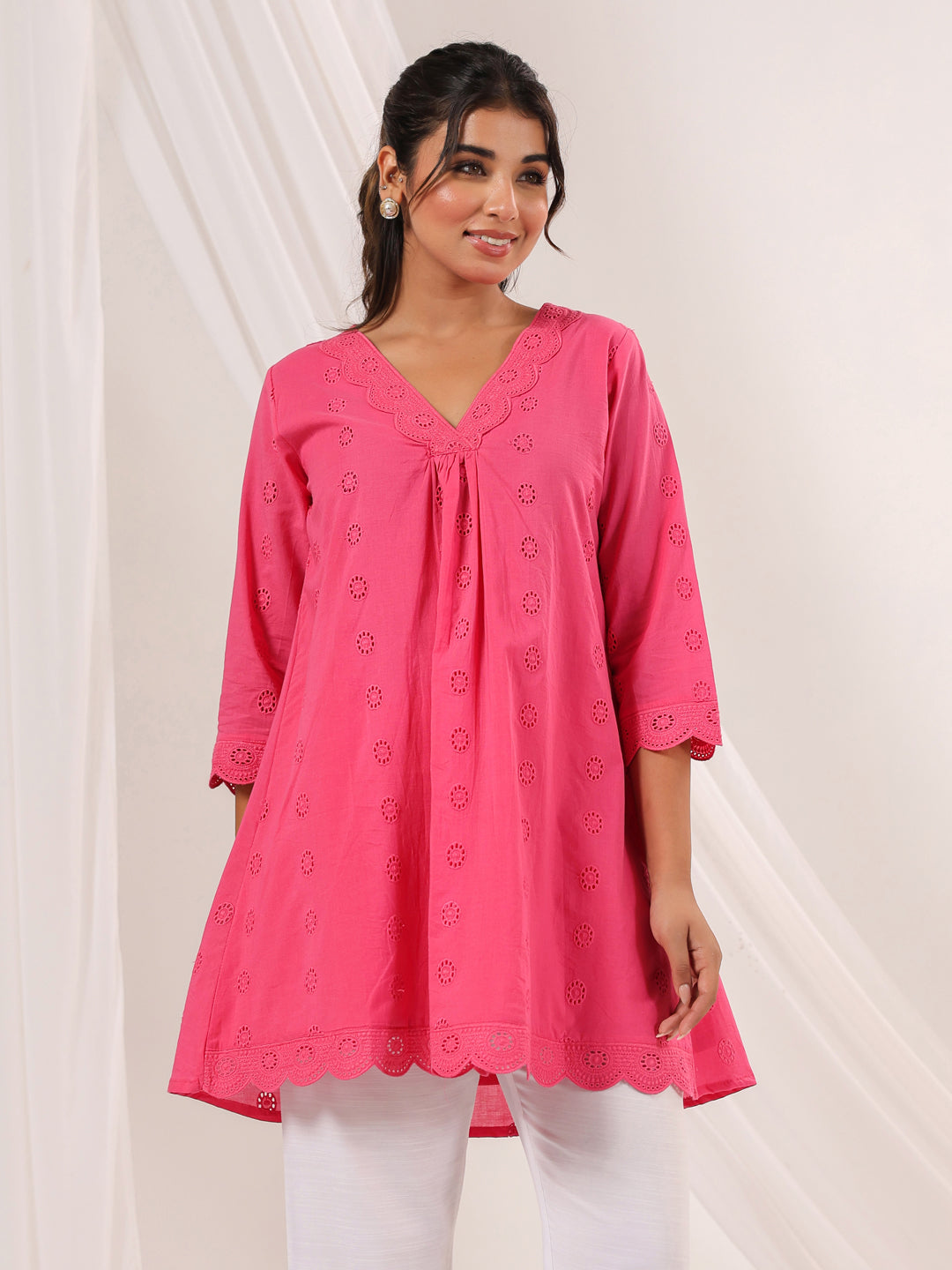 Janasya Women's Pink Pure Cotton Schiffli A line Tunic
