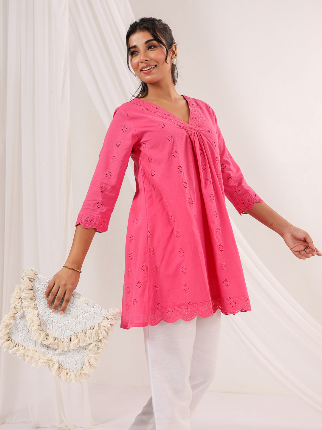 Janasya Women's Pink Pure Cotton Schiffli A line Tunic