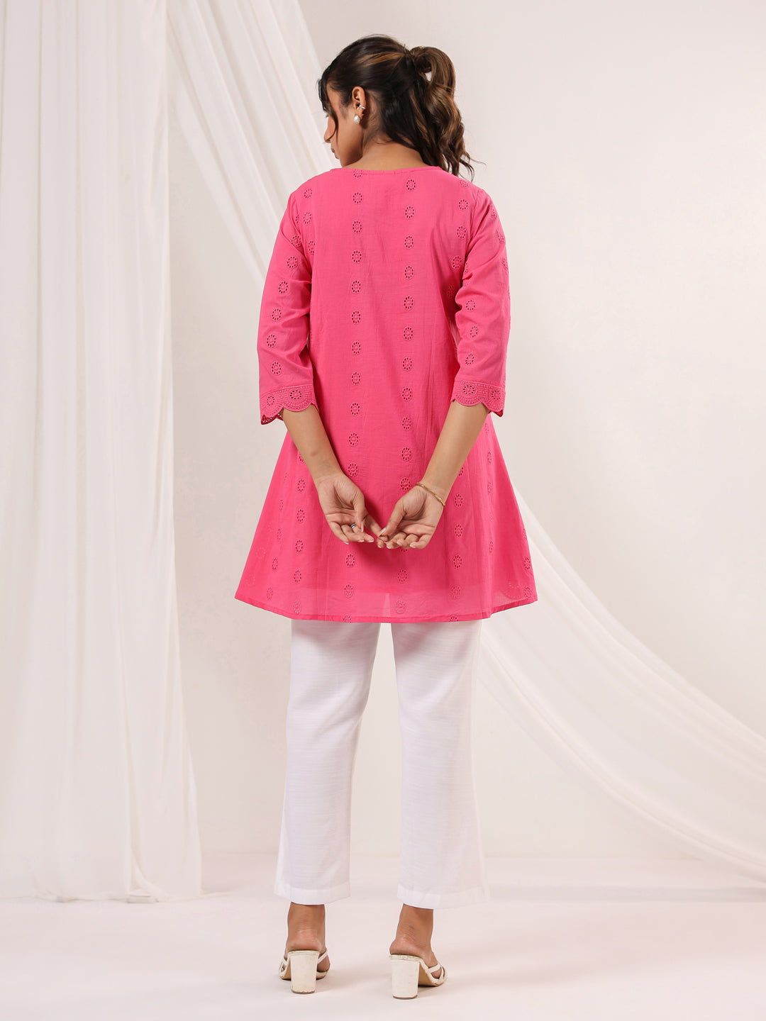 Janasya Women's Pink Pure Cotton Schiffli A line Tunic