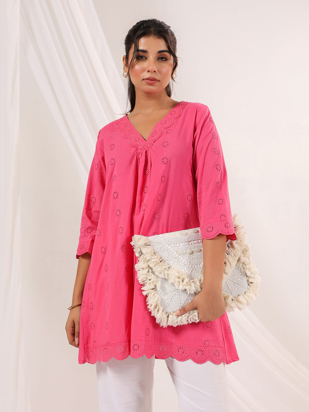 Janasya Women's Pink Pure Cotton Schiffli A line Tunic
