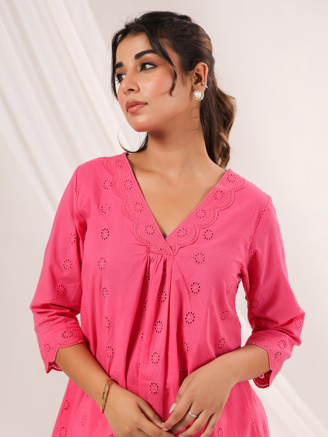Janasya Women's Pink Pure Cotton Schiffli A line Tunic