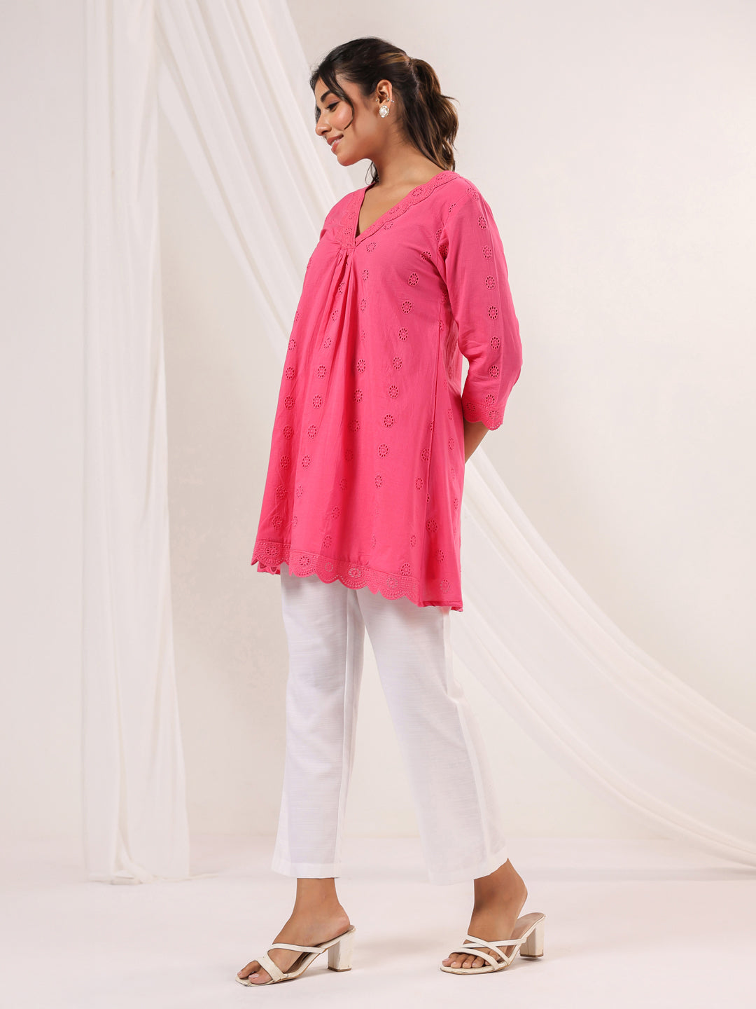Janasya Women's Pink Pure Cotton Schiffli A line Tunic