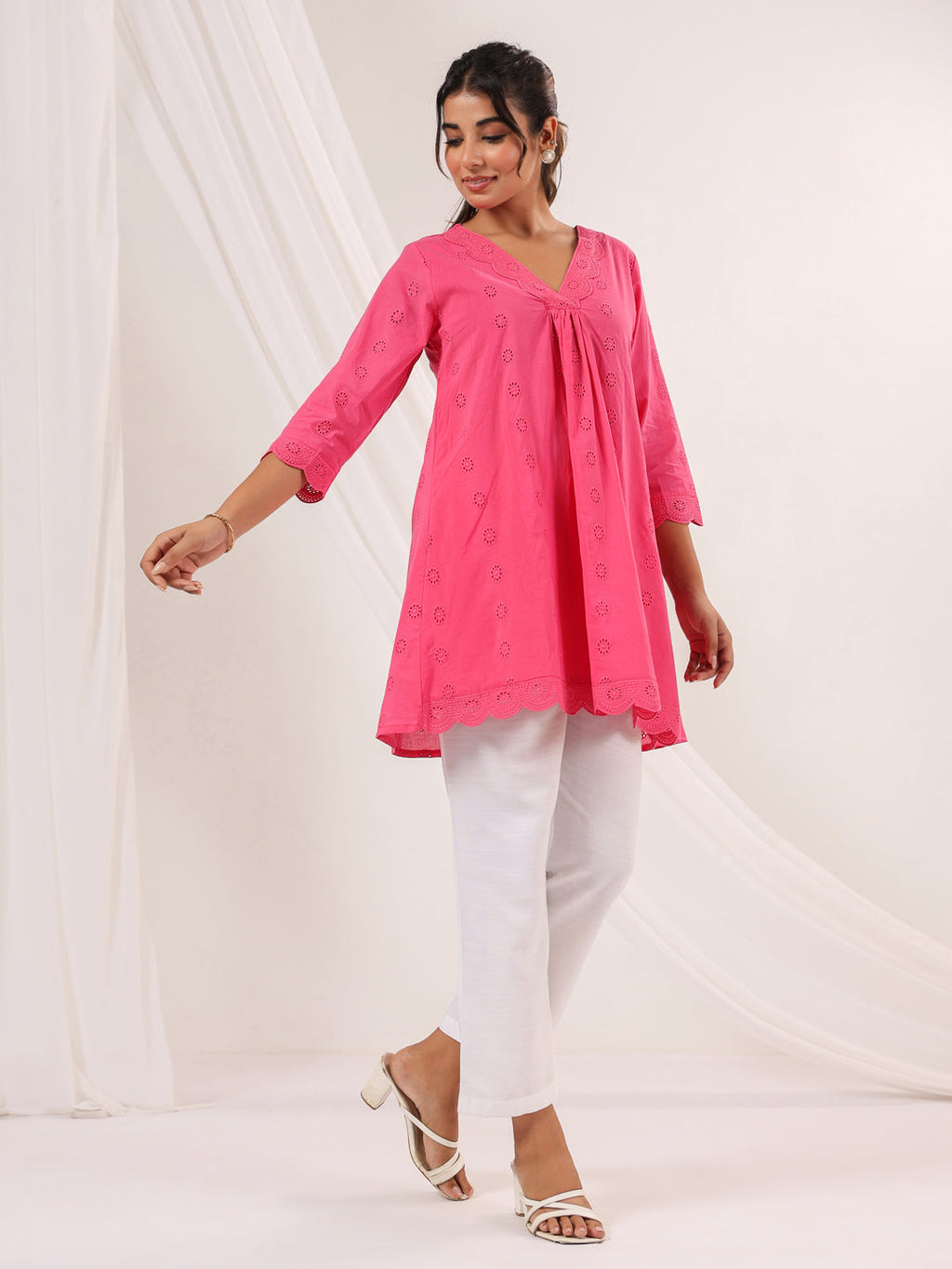 Janasya Women's Pink Pure Cotton Schiffli A line Tunic