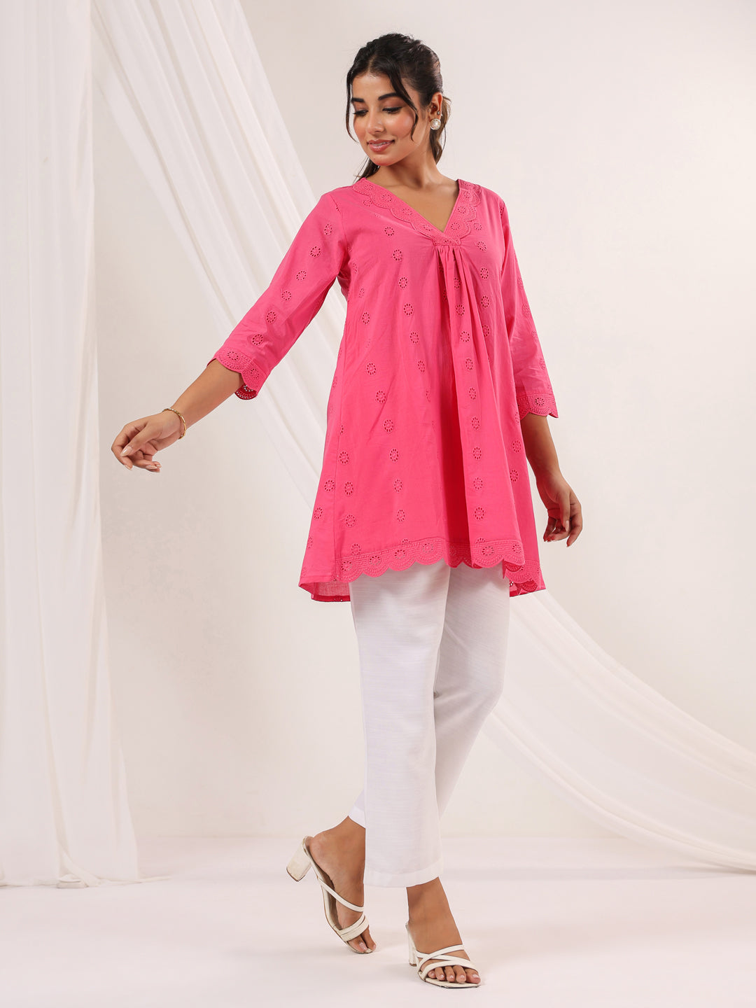 Janasya Women's Pink Pure Cotton Schiffli A line Tunic
