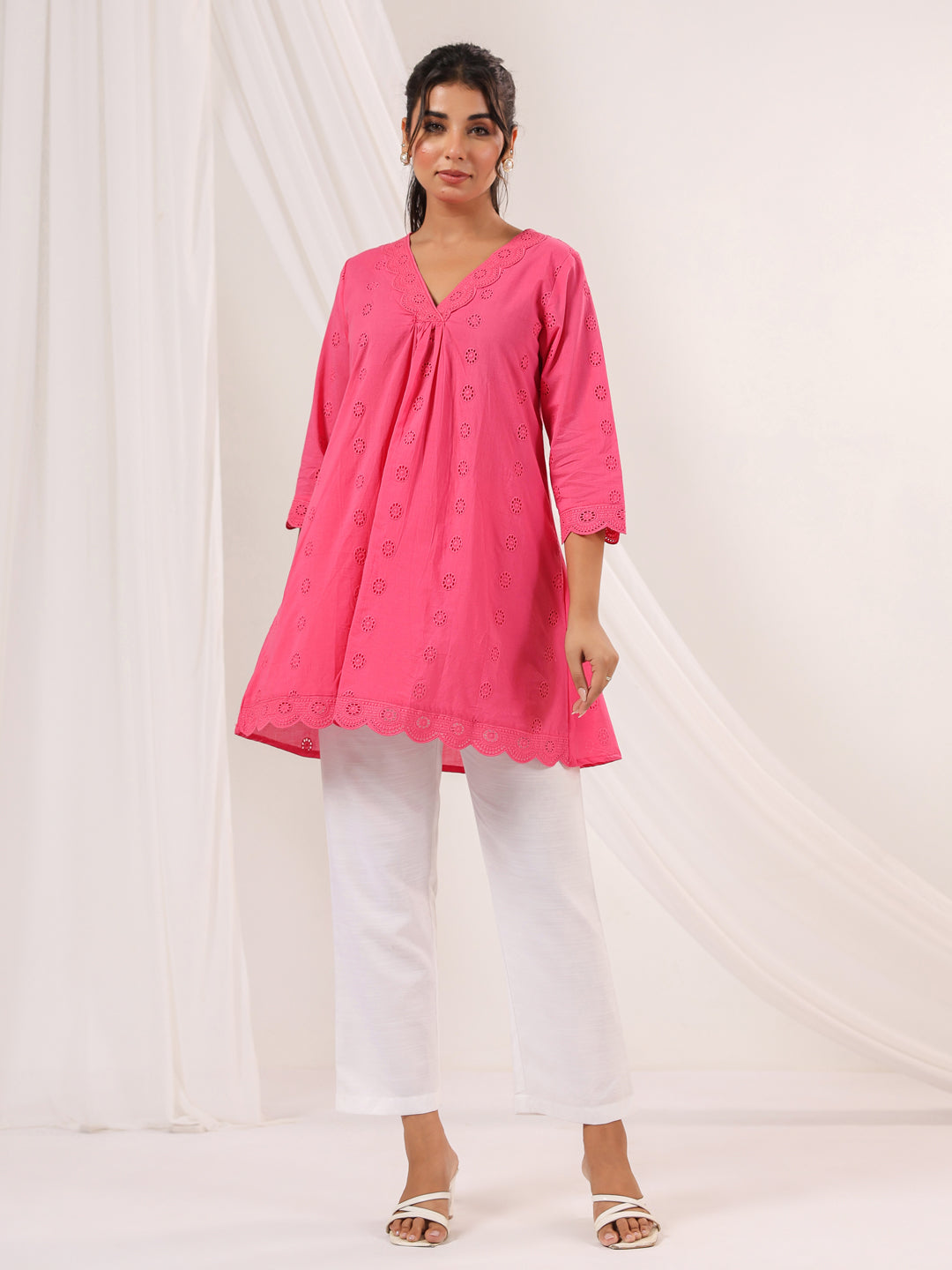 Janasya Women's Pink Pure Cotton Schiffli A line Tunic