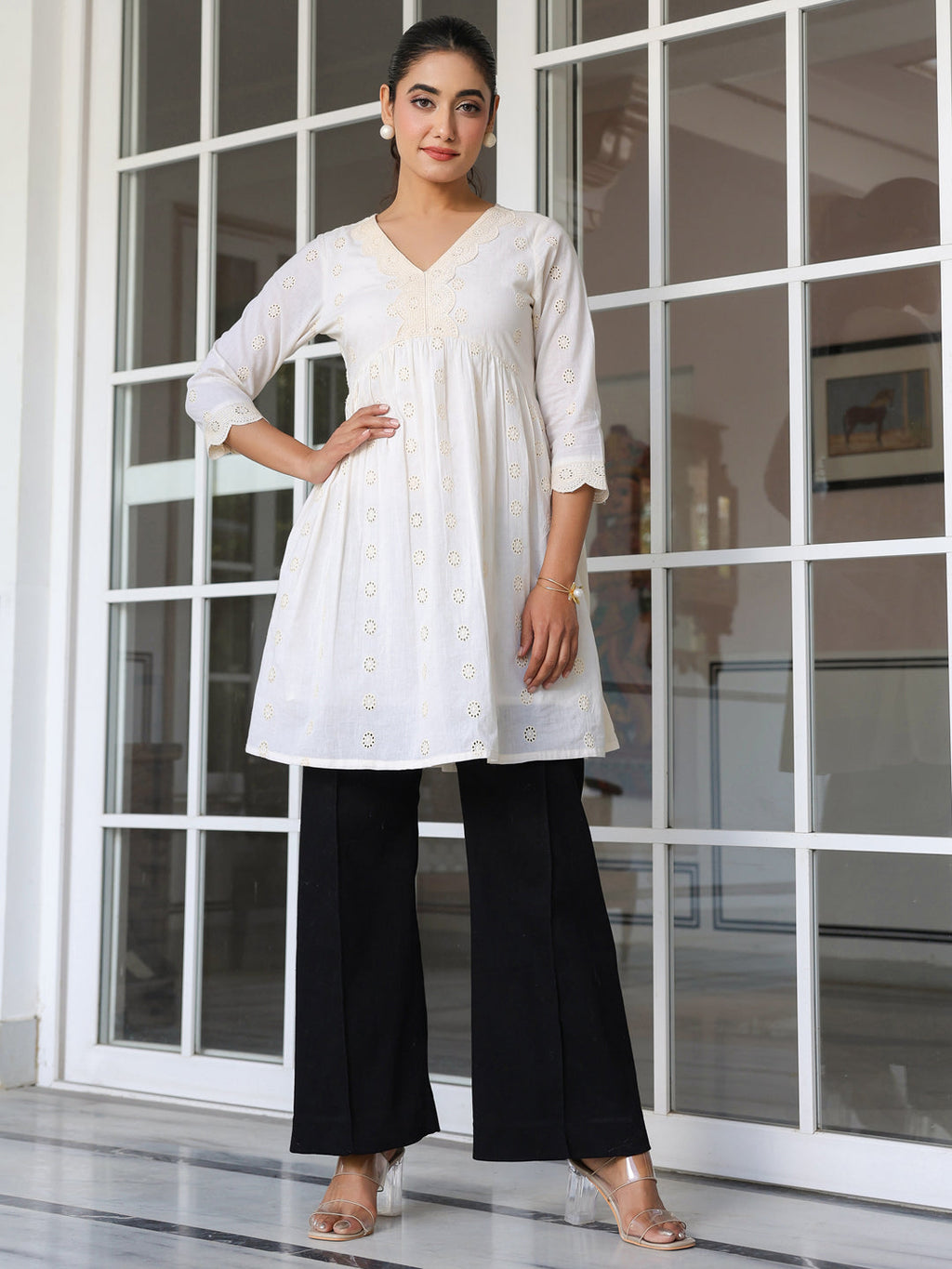 Janasya Women's Off White Pure Cotton Schiffli A-line Tunic