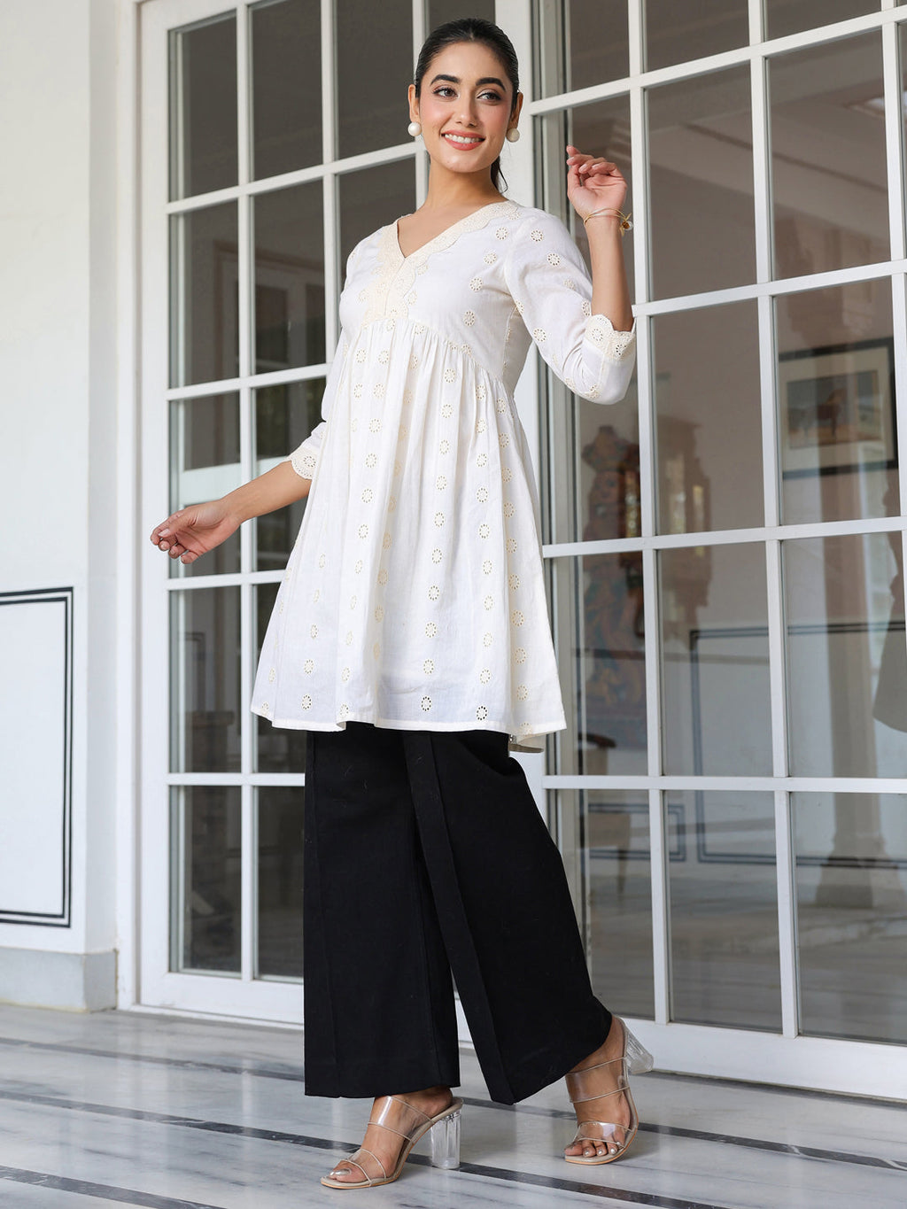 Janasya Women's Off White Pure Cotton Schiffli A-line Tunic
