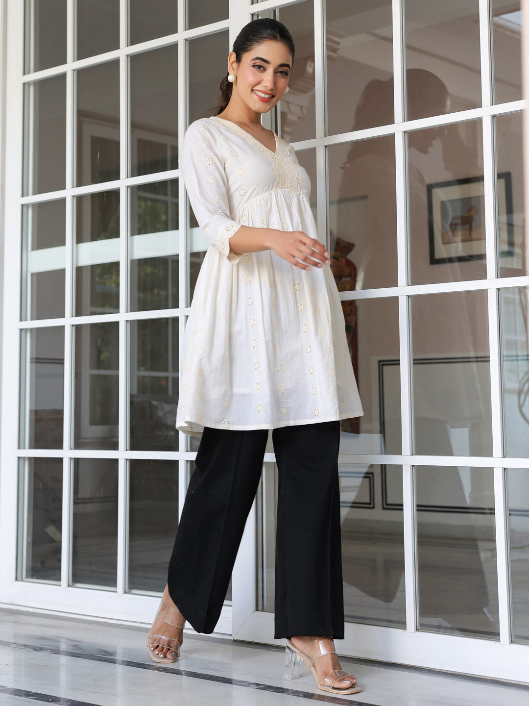 Janasya Women's Off White Pure Cotton Schiffli A-line Tunic