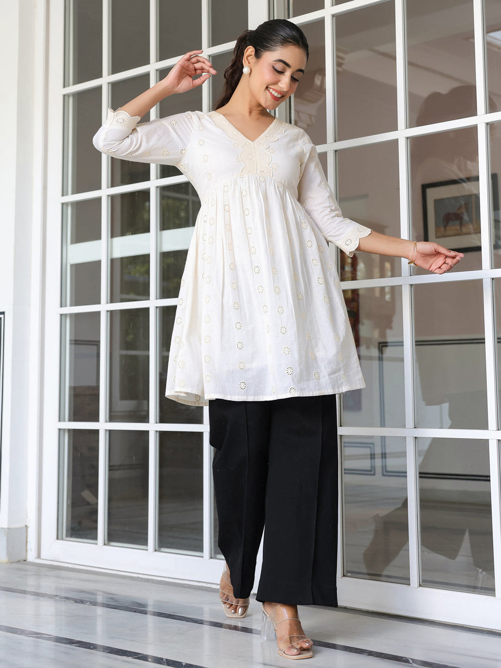 Janasya Women's Off White Pure Cotton Schiffli A-line Tunic