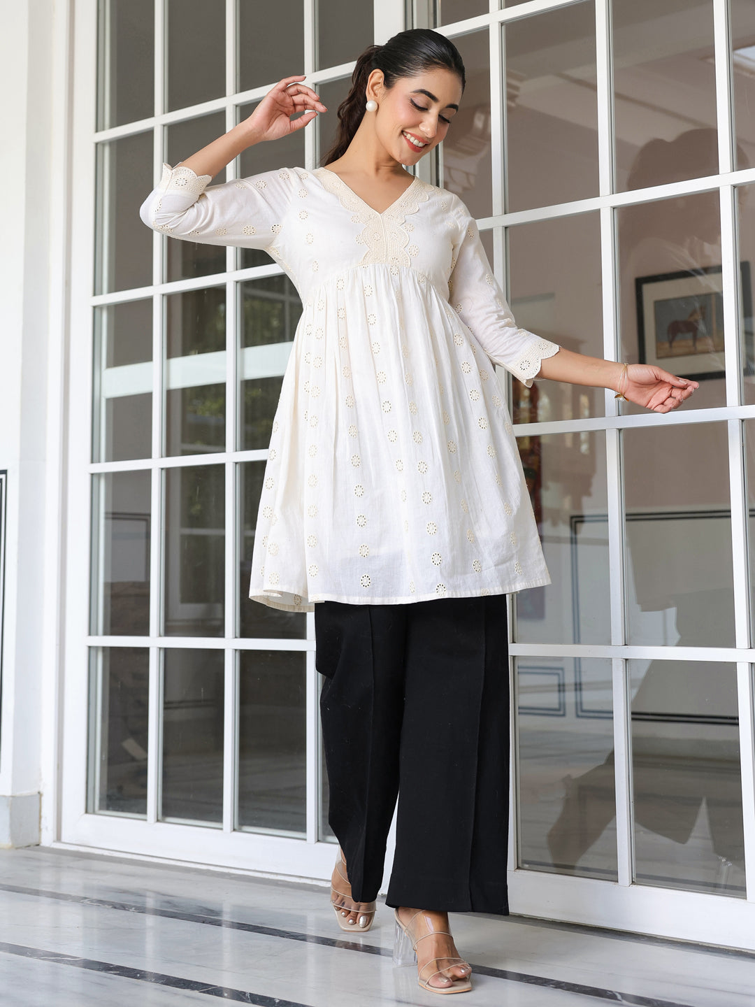 Janasya Women's Off White Pure Cotton Schiffli A-line Tunic