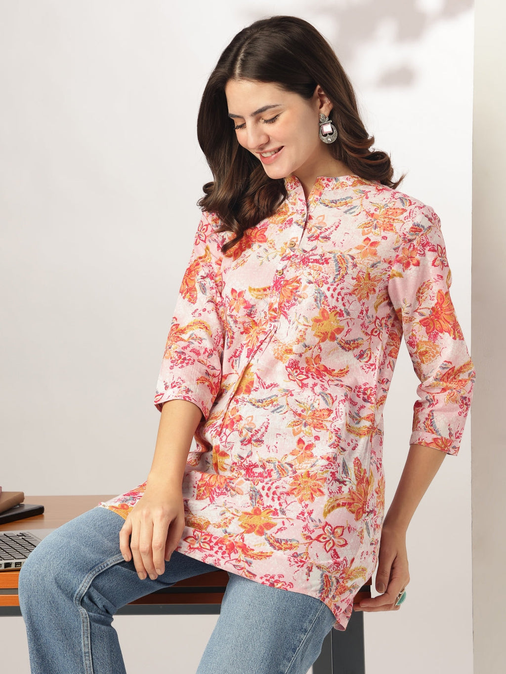 Pink Pure Cotton Floral Printed Straight Tunic