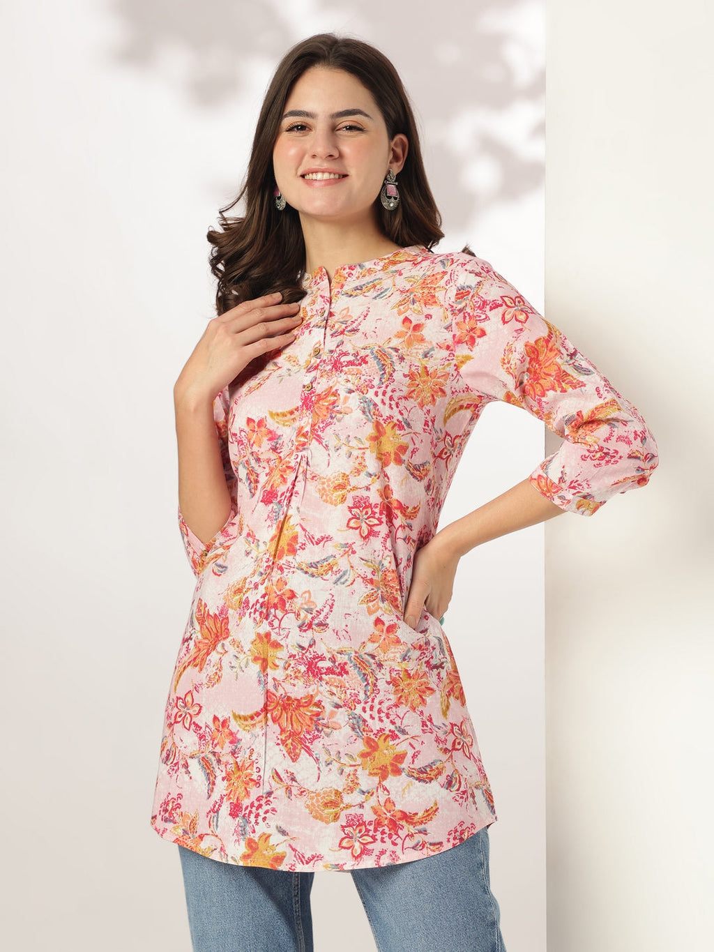 Pink Pure Cotton Floral Printed Straight Tunic