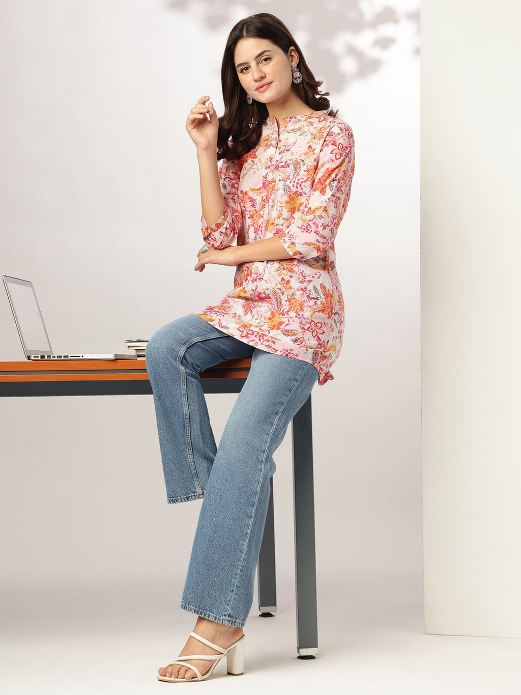 Pink Pure Cotton Floral Printed Straight Tunic