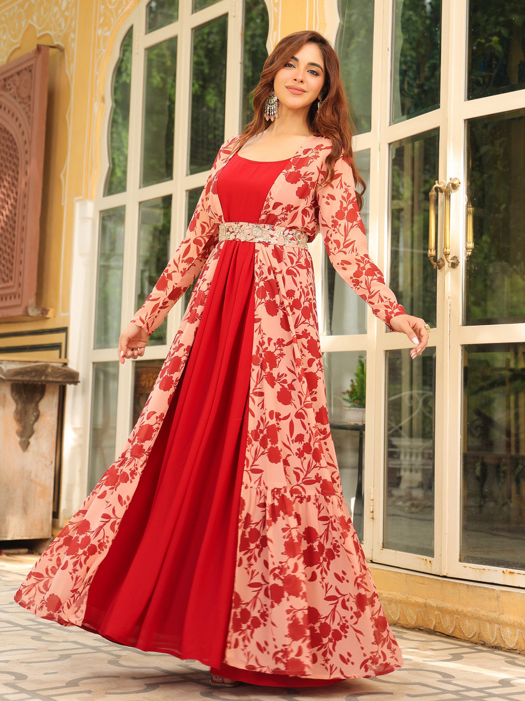 Maroon Georgette Floral Printed Embroidered Belted Dress With Jacket