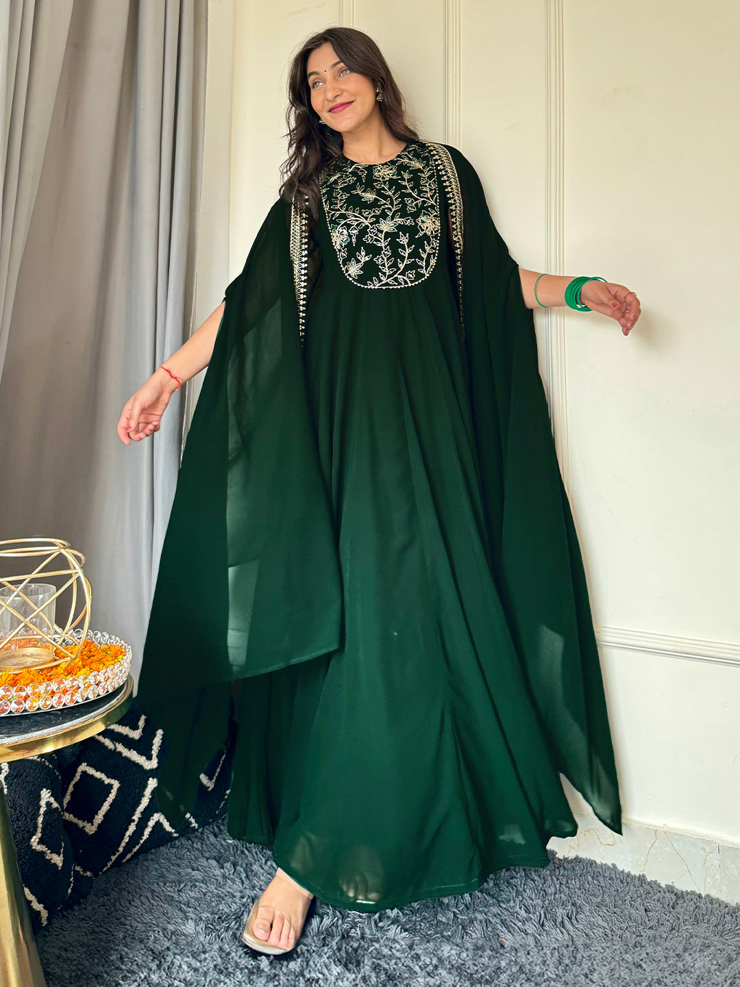 Dark Green Georgette Embroidered Anarkali Dress With Cape Janasya USA Dark Green Georgette Embroidered Anarkali Dress With Cape Janasya USA