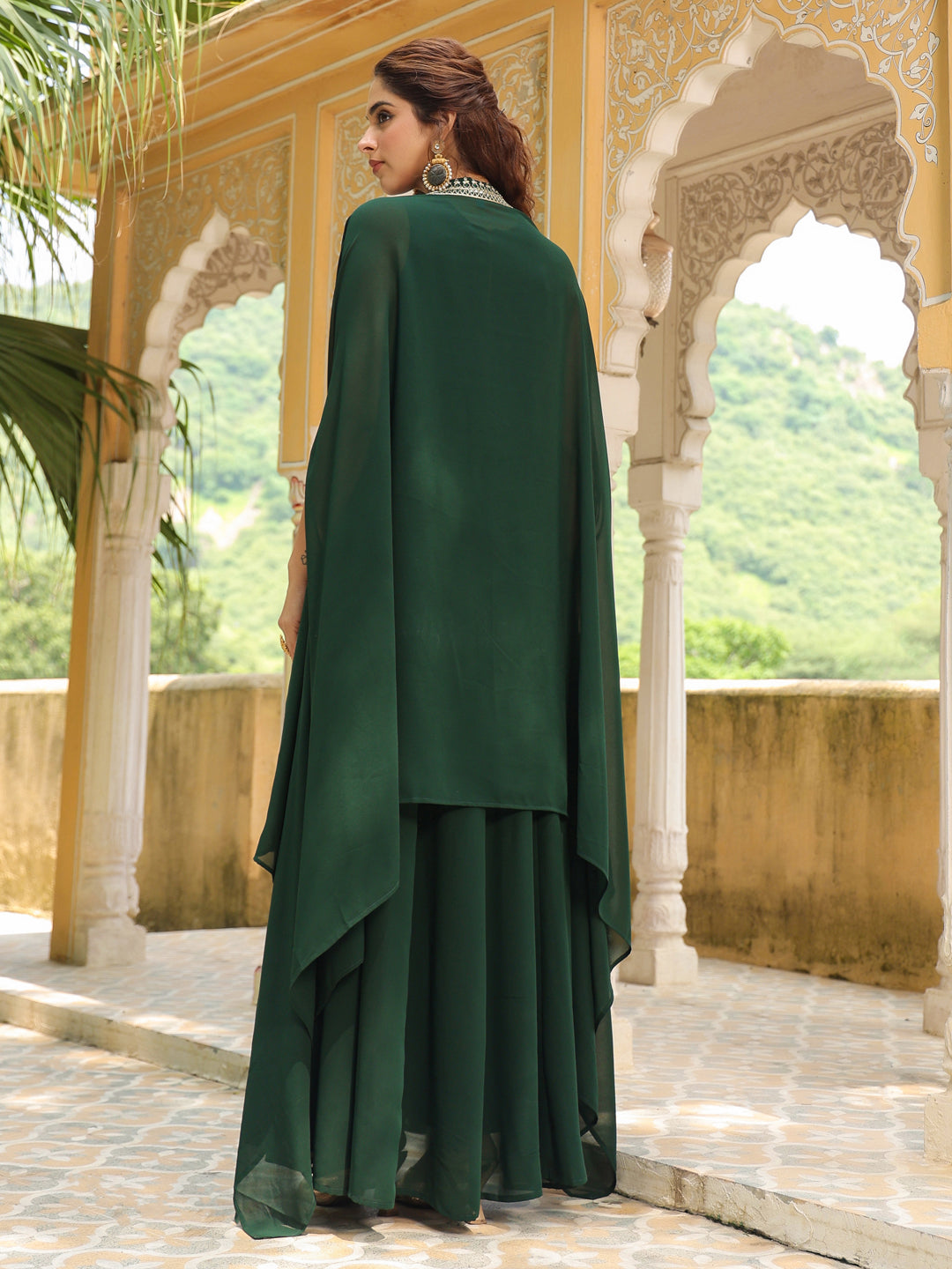 Dark Green Georgette Embroidered Anarkali Dress With Cape Janasya USA Dark Green Georgette Embroidered Anarkali Dress With Cape Janasya USA
