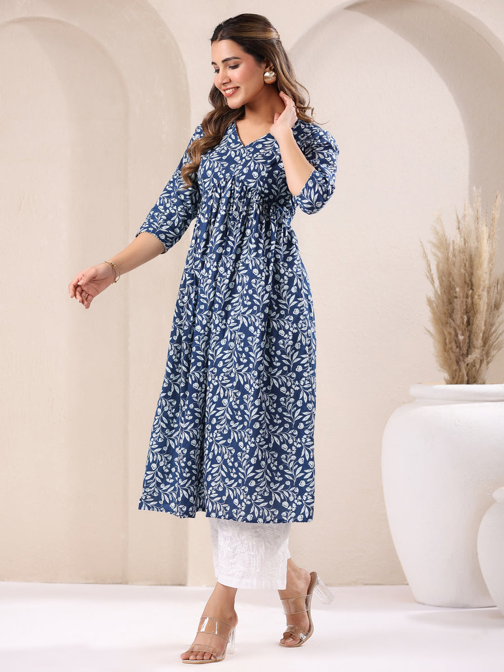 Blue Pure Cotton Floral Printed A-line Kurta