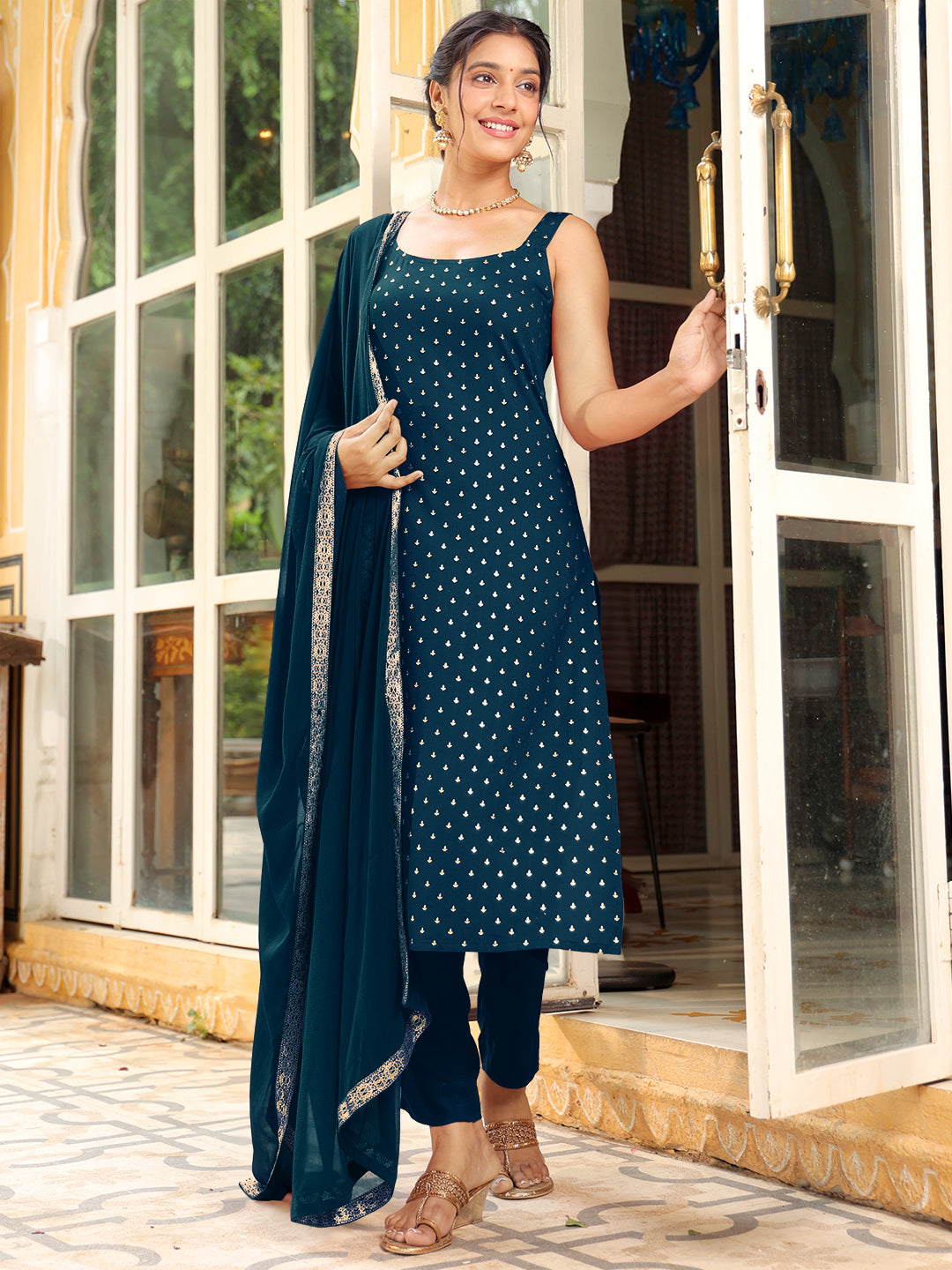 Janasya Women's Teal Blue Rayon Foil Printed Straight Kurta Set