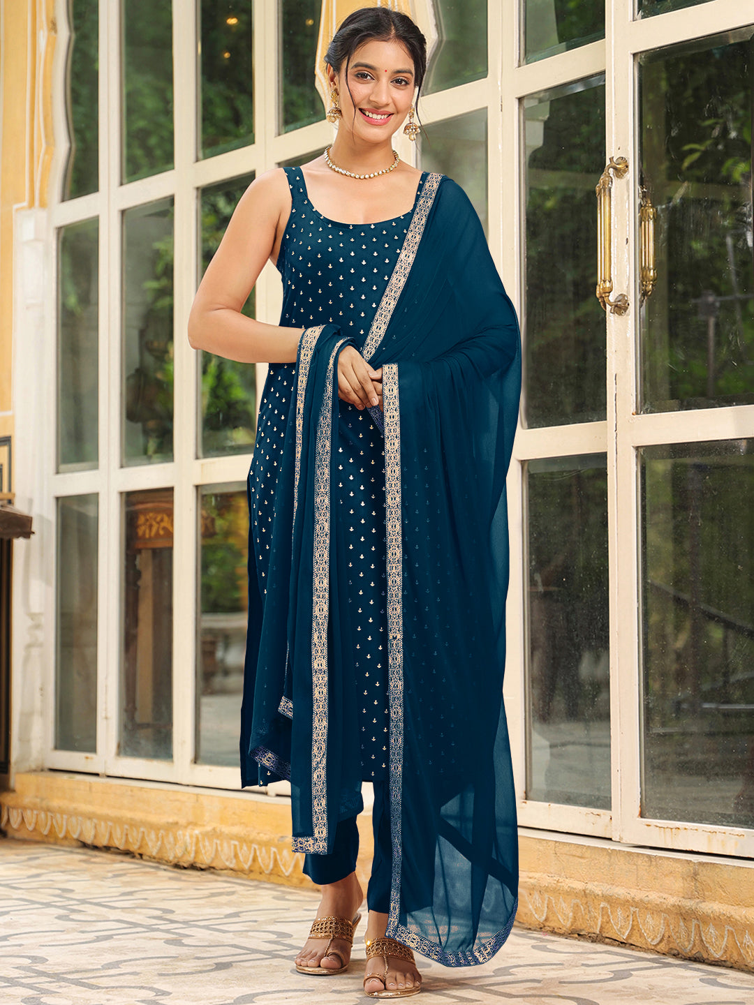 Janasya Women's Teal Blue Rayon Foil Printed Straight Kurta Set