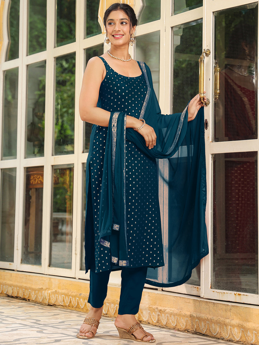 Janasya Women's Teal Blue Rayon Foil Printed Straight Kurta Set