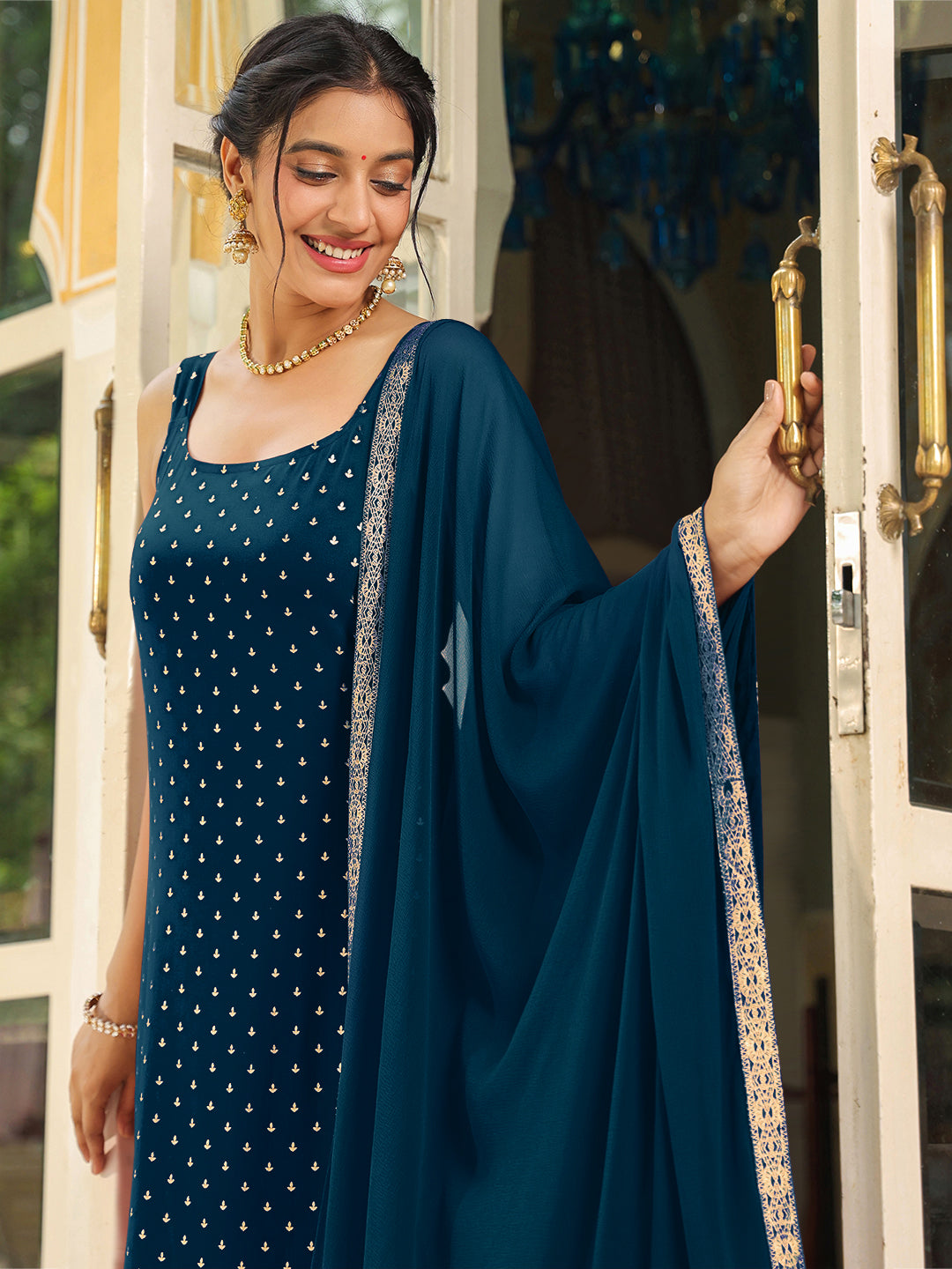 Janasya Women's Teal Blue Rayon Foil Printed Straight Kurta Set