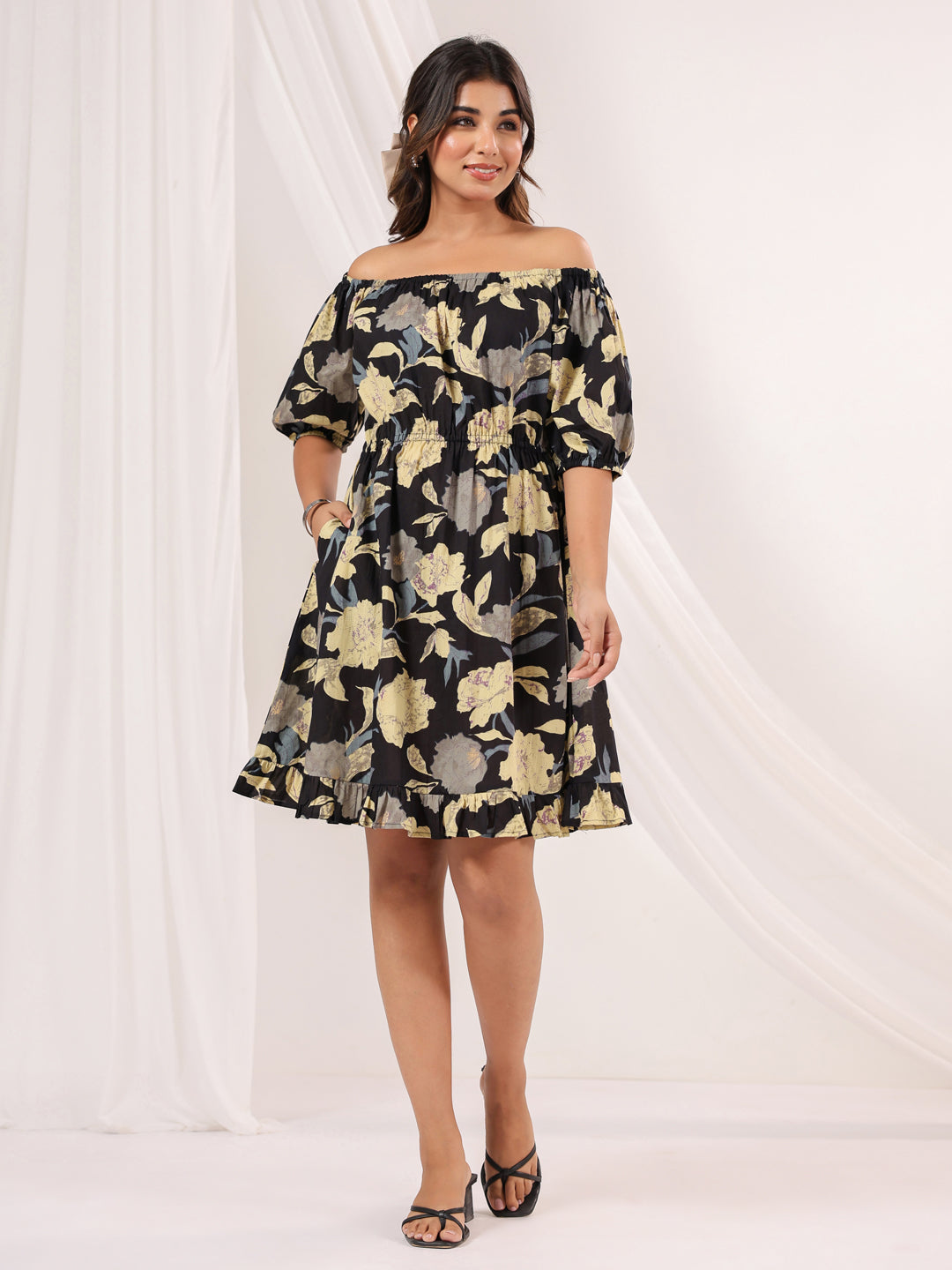 Janasya Women's Black Pure Cotton Floral Printed A line Dress