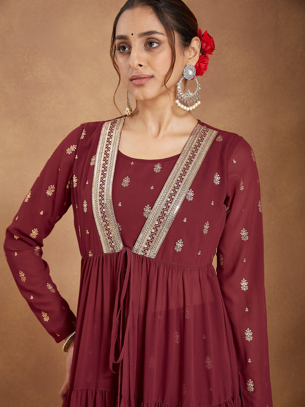 Janasya Women's Maroon Georgette Embellished Foil Printed Front-open Tiered Kurta Pant Set
