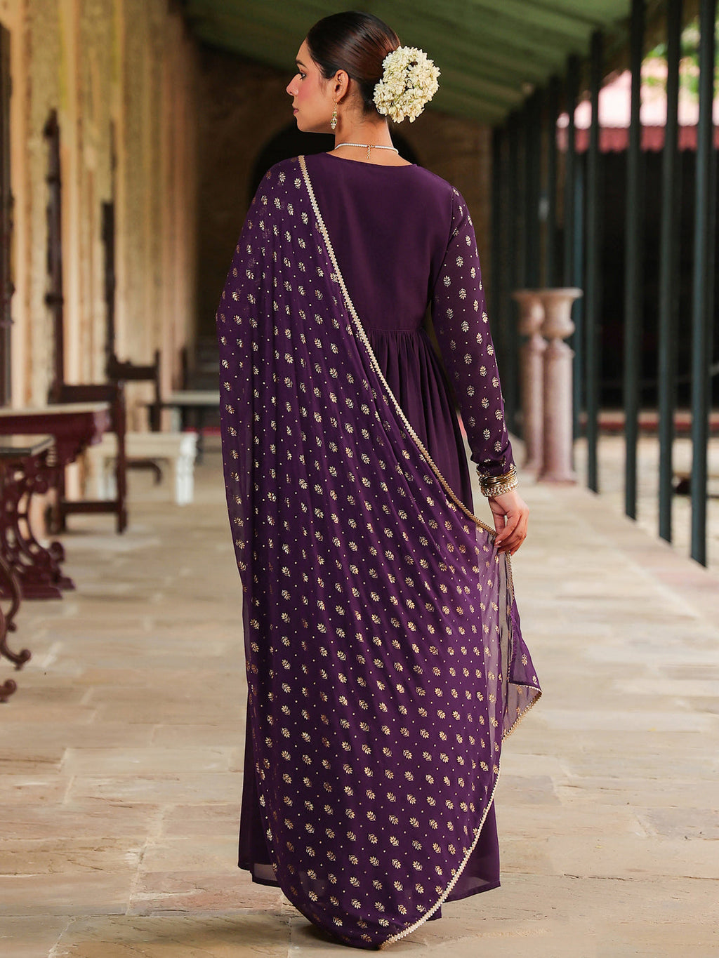 Janasya Women's Purple Georgette Embellished Foil Printed Gathered Kurta With Dupatta Set