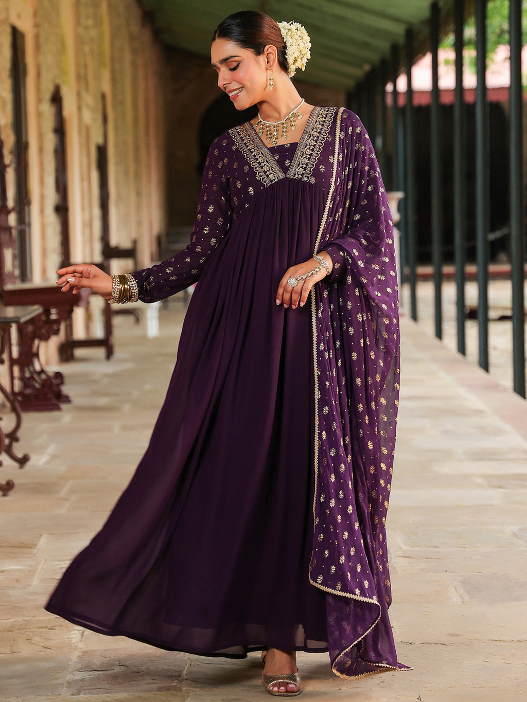 Janasya Women's Purple Georgette Embellished Foil Printed Gathered Kurta With Dupatta Set