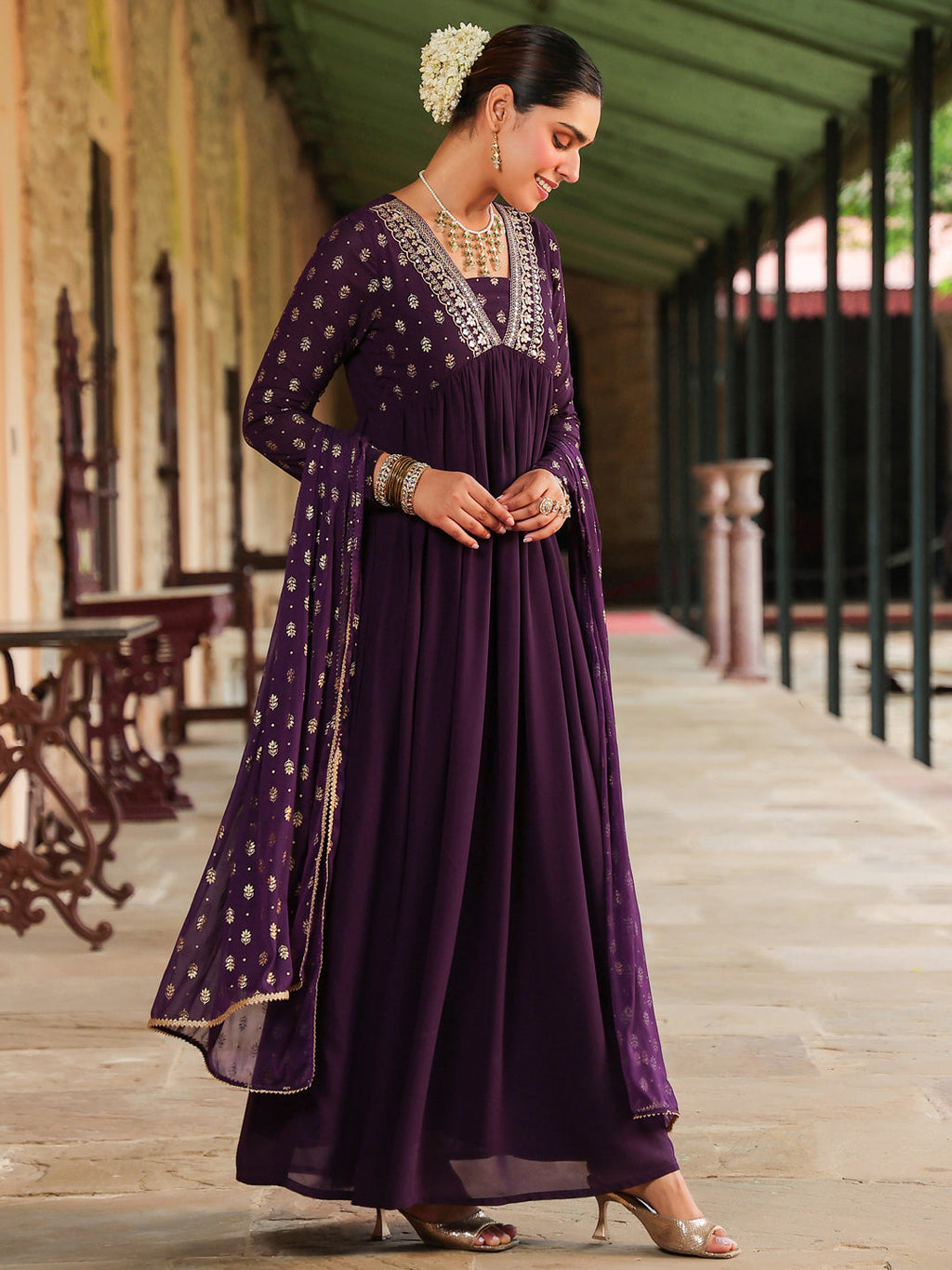 Janasya Women's Purple Georgette Embellished Foil Printed Gathered Kurta With Dupatta Set