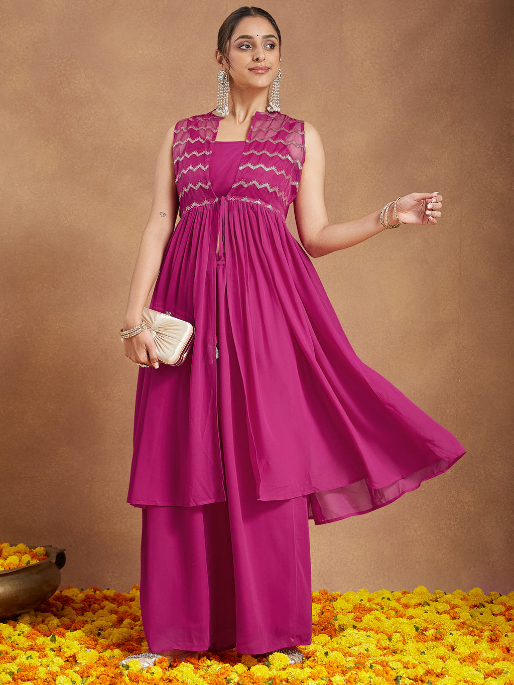 Janasya Women's Pink Georgette Sequined Front Slit Kurta With Crop Top Palazzo Set