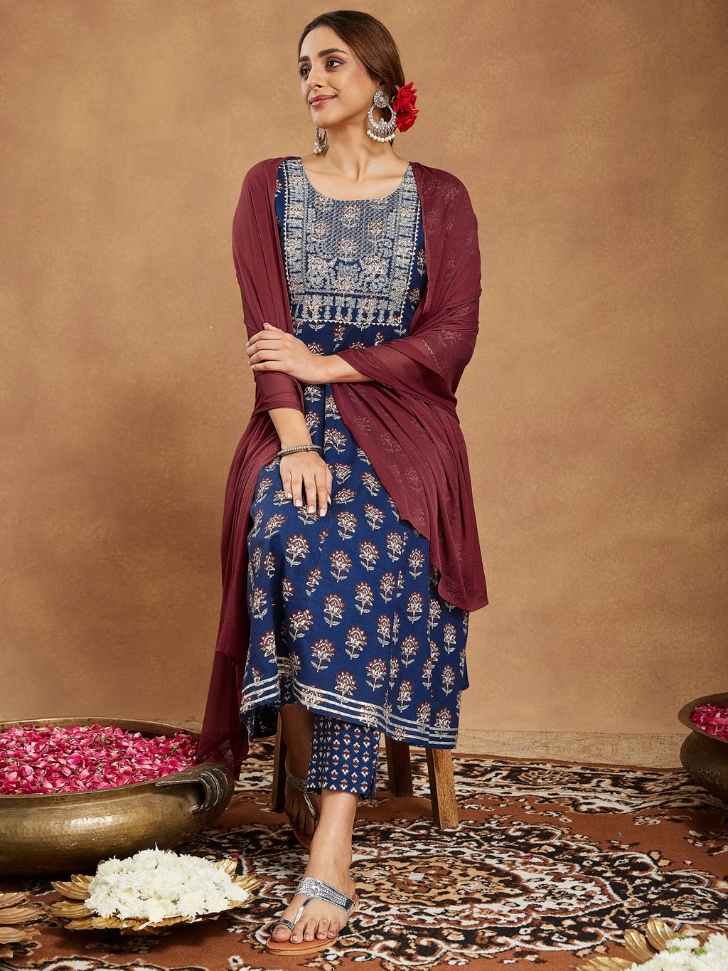 Janasya Women's Navy Blue Pure Cotton Yoke Embroidered Floral Printed Anarkali Kurta Set