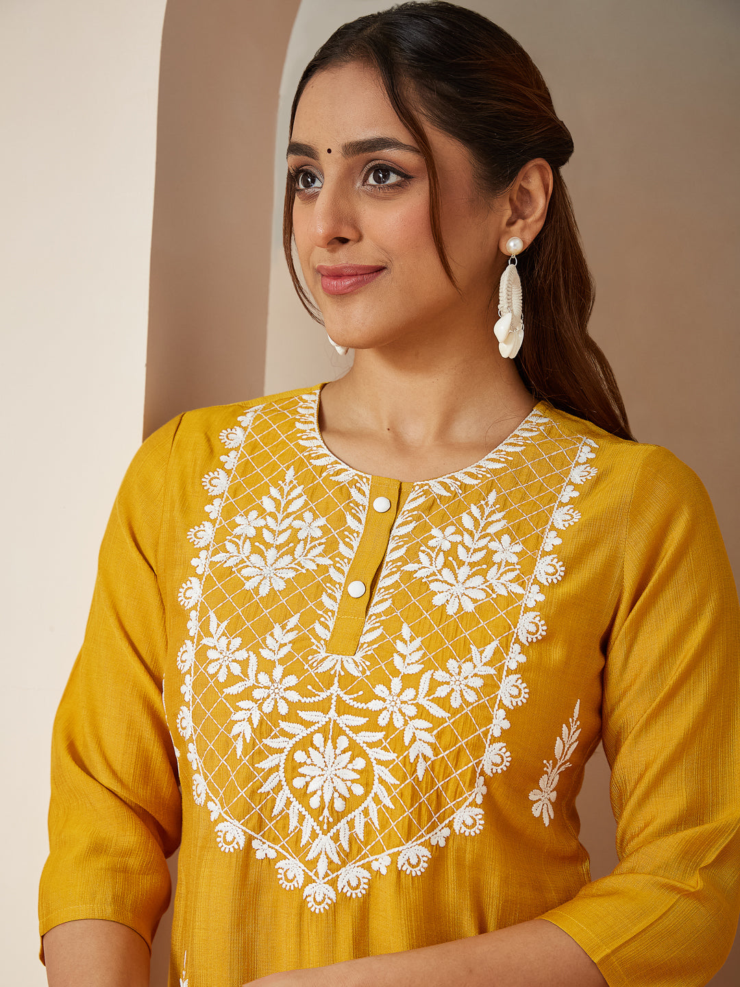 Janasya Women's Mustard Silk Blend Embroidered Straight Kurta Set