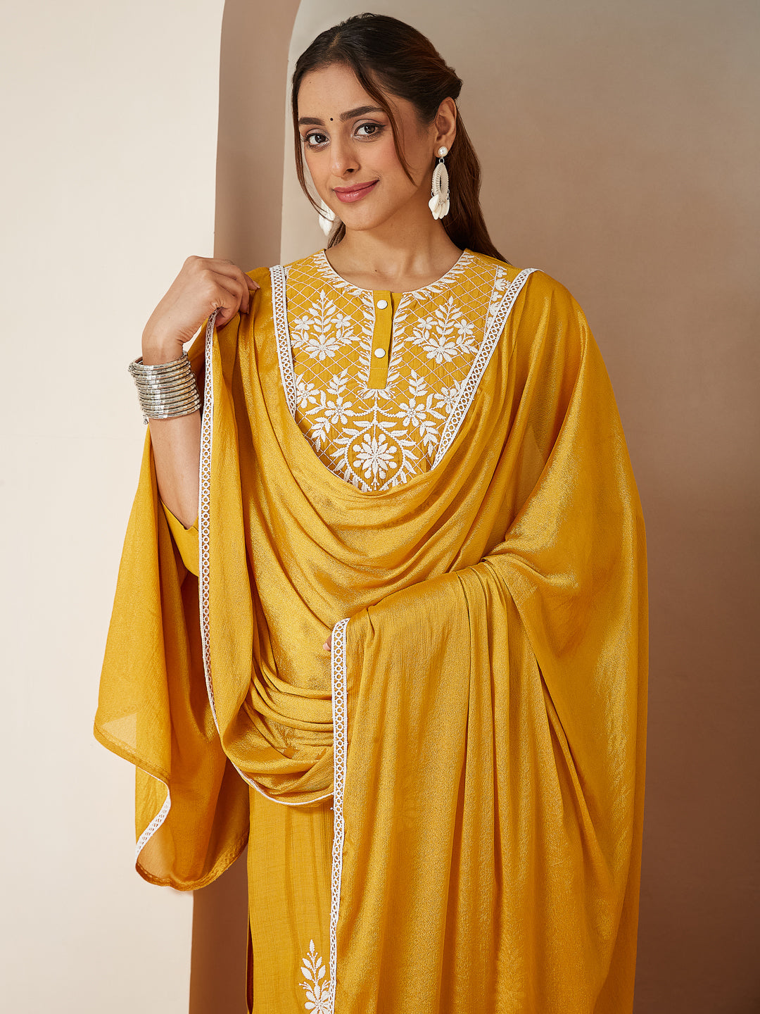 Janasya Women's Mustard Silk Blend Embroidered Straight Kurta Set