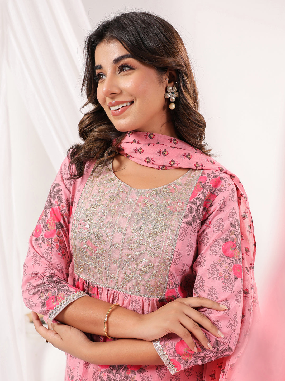 Janasya Women's Pink Pure Cotton Yoke Embroidered Floral Printed Gathered Kurta Set