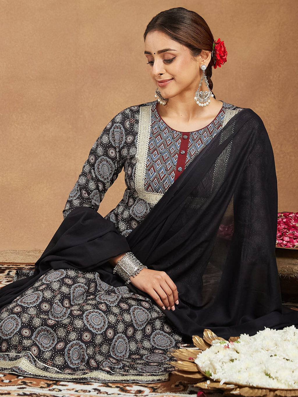 Janasya Women's Black Pure Cotton Ajrakh Printed Straight Kurta Set