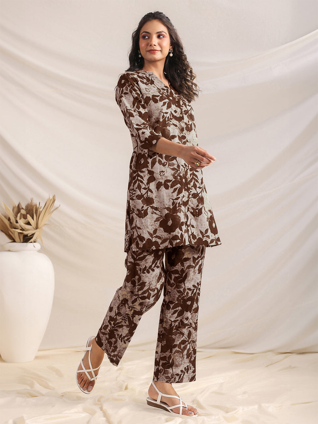 Brown Pure Cotton Floral Printed Straight Co-ord Set