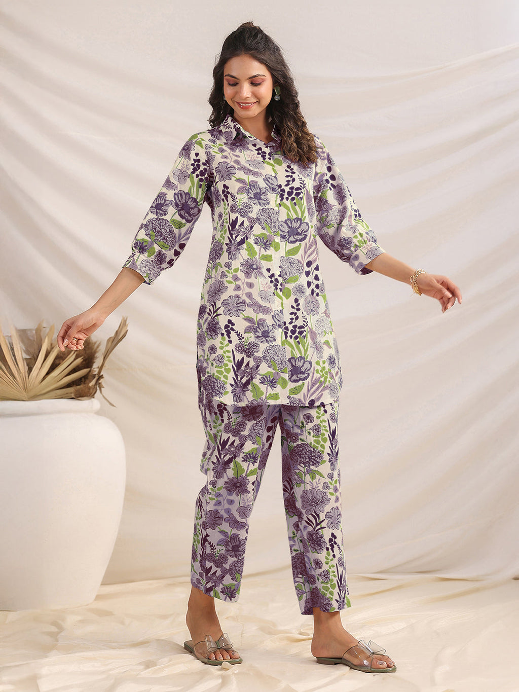 Janasya Women's Cream Pure Cotton Floral Printed Straight Co-ord Set
