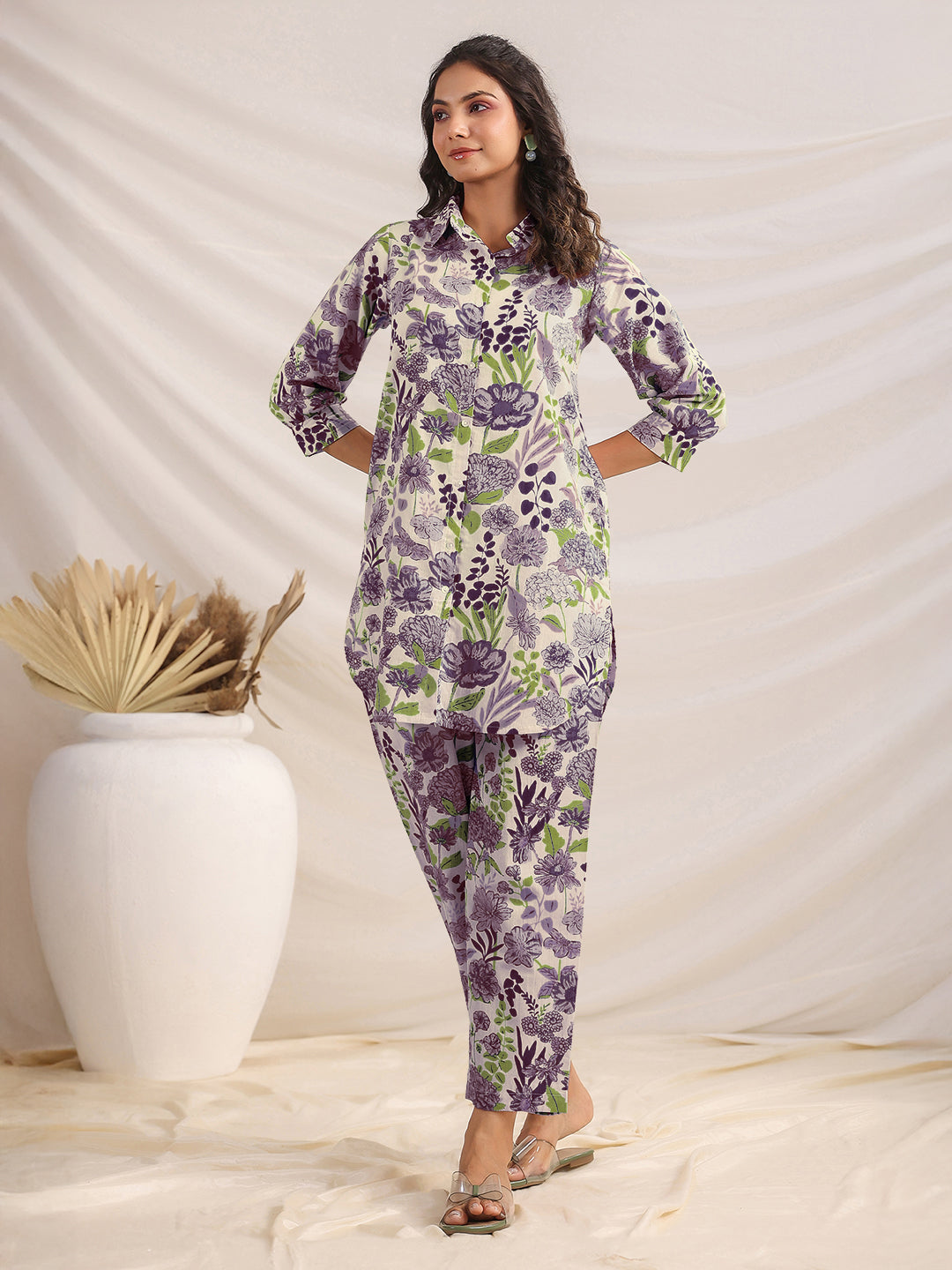 Janasya Women's Cream Pure Cotton Floral Printed Straight Co-ord Set