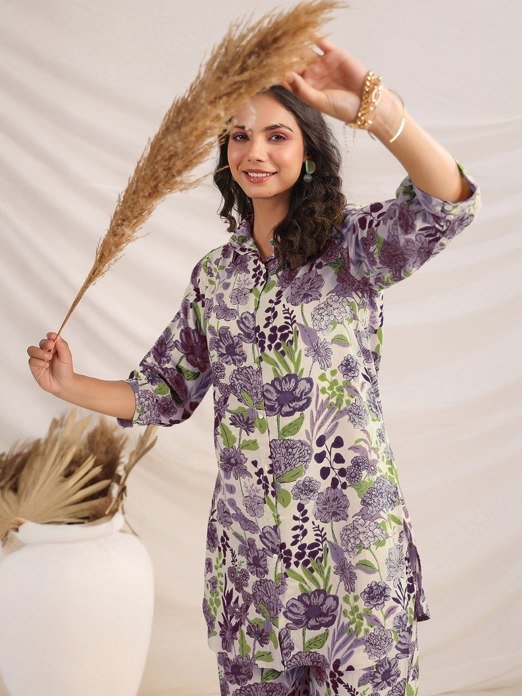 Janasya Women's Cream Pure Cotton Floral Printed Straight Co-ord Set